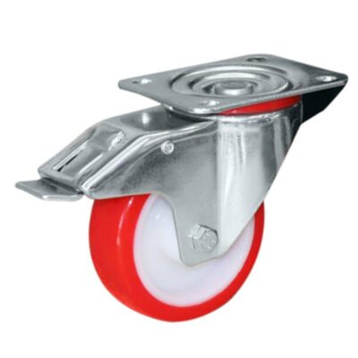RED 80mm URETHANE CASTOR SWIVEL BRAKED PLAIN BORE (100KG)